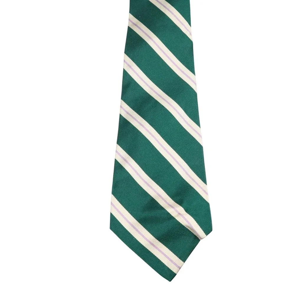 Polo Ralph Lauren Green Cream Silk Repp Stripe Necktie Lavender Made by Hand USA